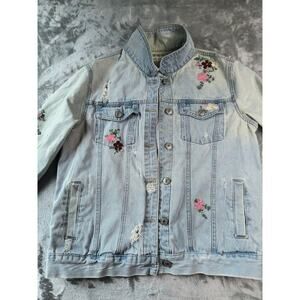 Wax Jean Denim Jacket with Floral Embroidery - Size M